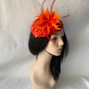 Red Orange flower Kentucky Derby fascinator hat with feather Mother of the bride wedding hat Derby Tea Party hat ladies church hat image 10