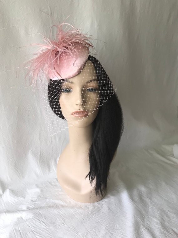 Blush Pink Feather Fascinator Hat, Nude Wedding Tea Party  display picture 2