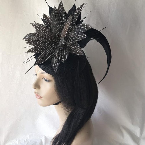 Black Sinamay feather Fascinator hat, black and shops white dotted feather fascinator hat for Kentucky derby, tea party, church, wedding,
