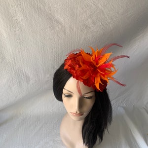 Red Orange flower Kentucky Derby fascinator hat with feather Mother of the bride wedding hat Derby Tea Party hat ladies church hat image 6