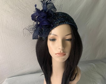 Dark Navy blue flapper style 1920s vintage Pearl beaded fascinator half hat for Women’s church hat, weddings, Mother of the bride hat,