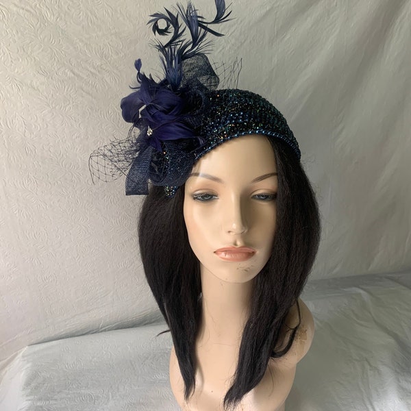 Dark Navy blue flapper style 1920s vintage Pearl beaded fascinator half hat for Women’s church hat, weddings, Mother of the bride hat,