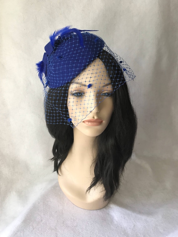 Blue felt fascinator Blue Velour Felt Fascinator Hat: Rhinestone Flower, Wedding  main image 3