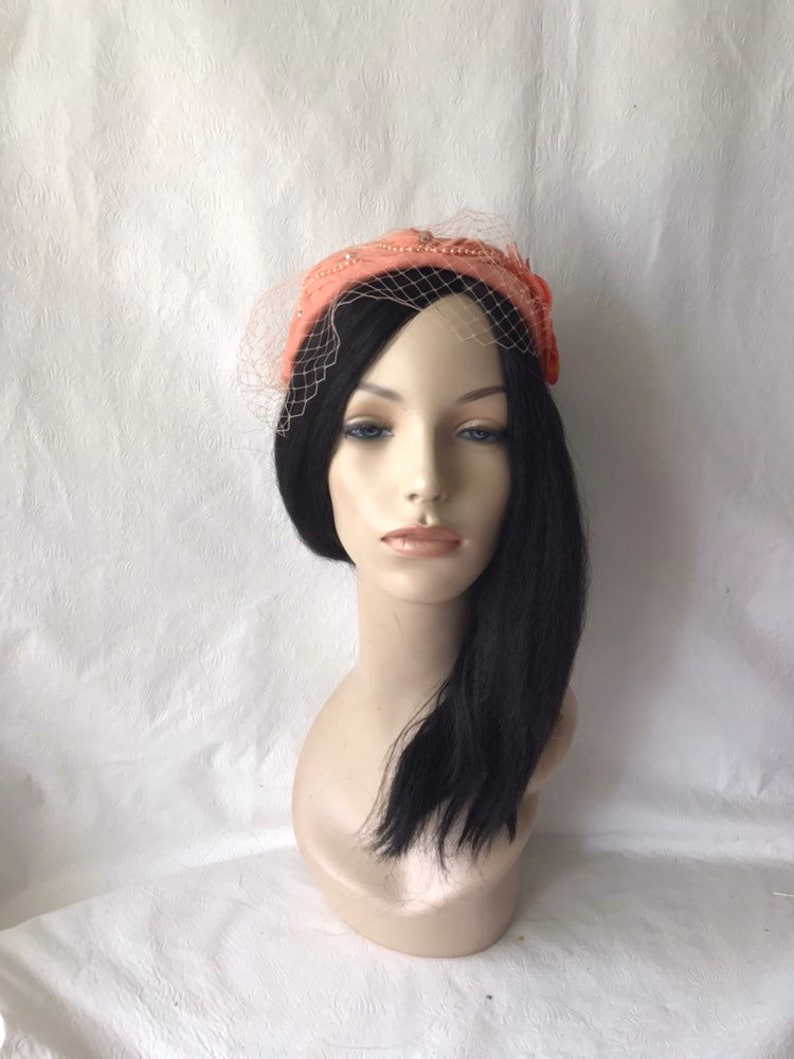 Coral Fascinator Hat Vintage Half Hat Coral Peach Wedding Etsy