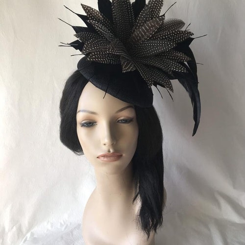 Black Sinamay feather Fascinator hat, black and shops white dotted feather fascinator hat for Kentucky derby, tea party, church, wedding,