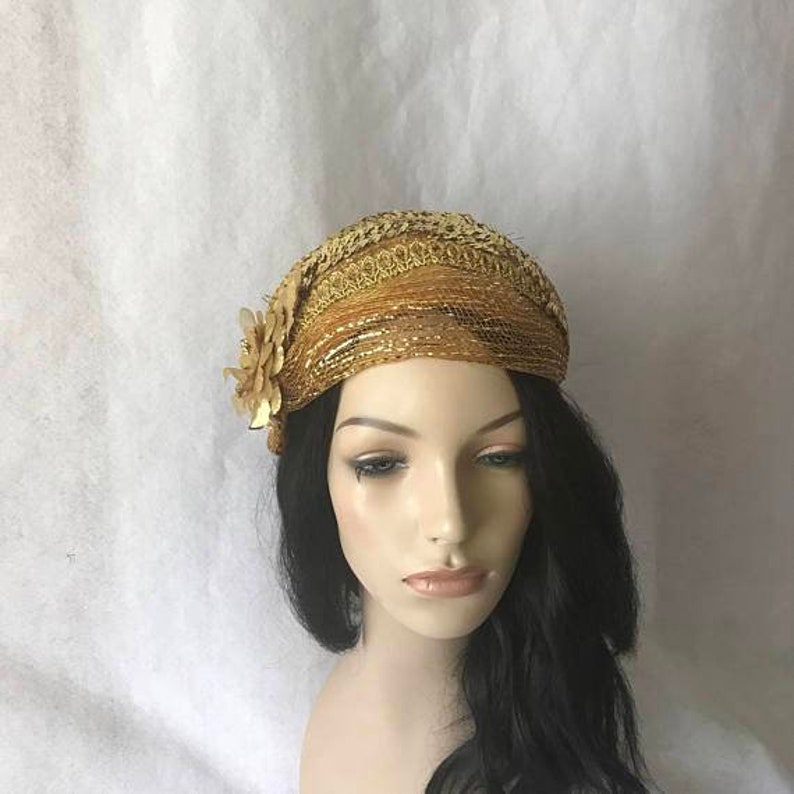 Gold Bridal Hat Gold Vintage Inspired 1950s-1960s Half Hat Gold fascinator hat Gold Wedding hat,Gold Church hat Gold Straw Mesh hat