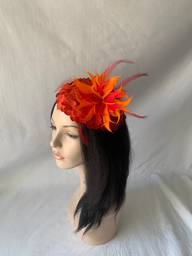 Red Orange flower Kentucky Derby fascinator hat with feather Mother of the bride wedding hat Derby Tea Party hat ladies church hat image 4