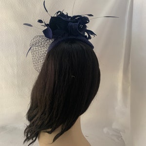 Dark navy blue fascinator hat with veil for wedding, mother of bride hat, womens church hat, formal hat, tea party hat, Kentucky derby hat image 4