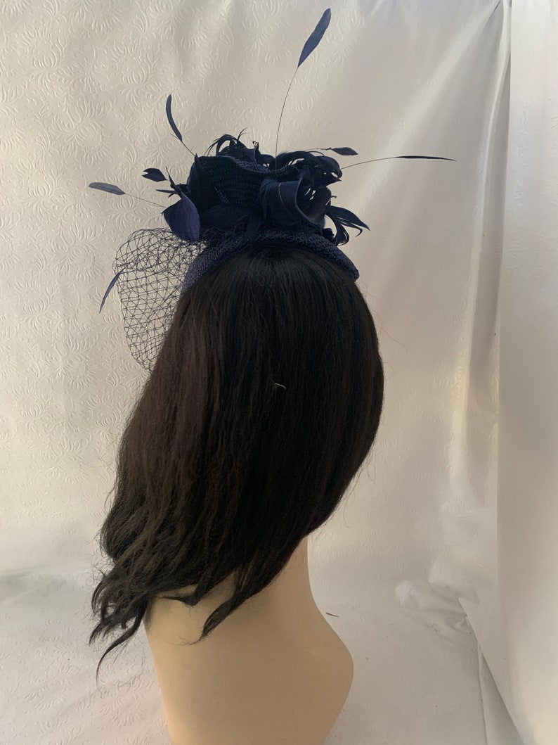 Dark navy blue fascinator hat with veil for wedding, mother of bride hat, womens church hat, formal hat, tea party hat, Kentucky derby hat image 4