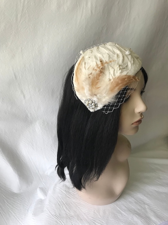 Wool Felt Fascinator Pillbox Hat for Church Tea Party Events Peaoy Fascinator Hat, Beige Wool Pillbox Hat with Veil  main image 2