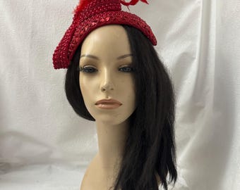 Vintage 1980s Red Cocktail Hat Mesh Bow Gold Beading Kentucky Derby Fascinator Vintage 1980s Red Cocktail Hat Mesh Bow Gold Beading  main image 2
