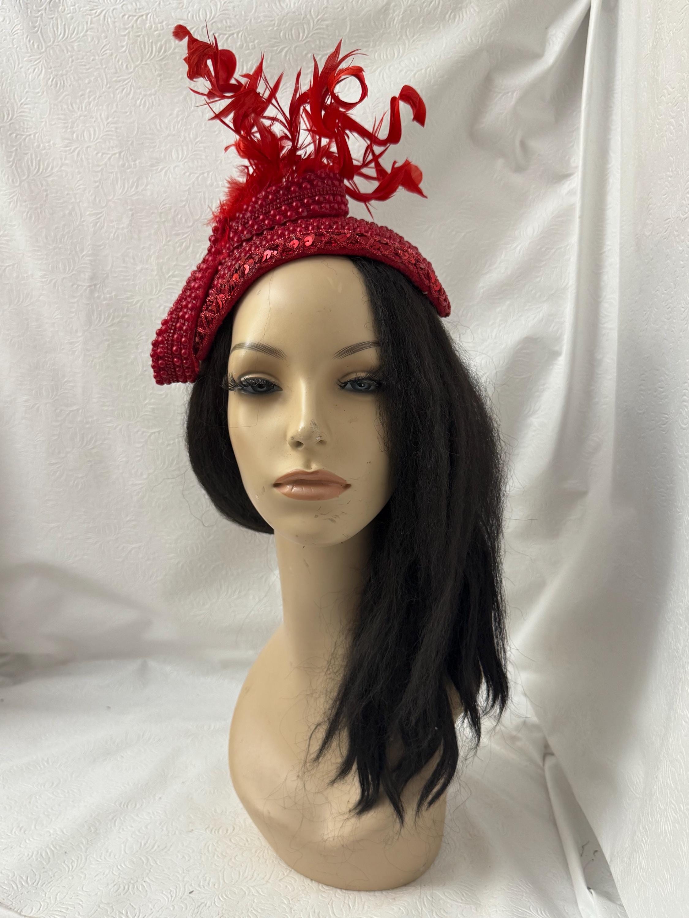 Red Lady Elegant Dress Church Pearl beaded and rhinestone bow half hat with feathers Wedding Hat Fascinator Tea Party vintage Derby hat