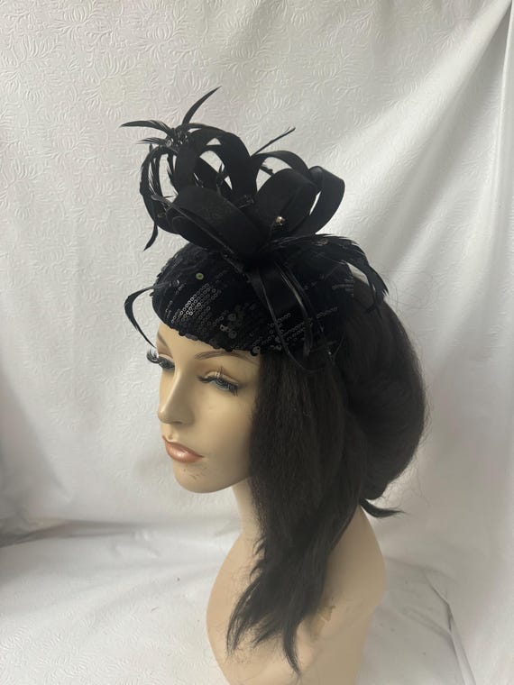 Black Sequin Pillbox Hat with Veil - Women\'s Elegant Cocktail Headpiece Black Sequin Pillbox Hat With Veil - Etsy main image 3