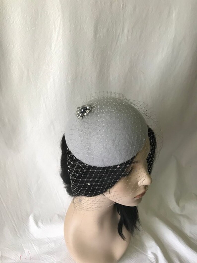 Gray Fascinator Hat With Rhinestones Veil Grey Bridal Wedding Etsy