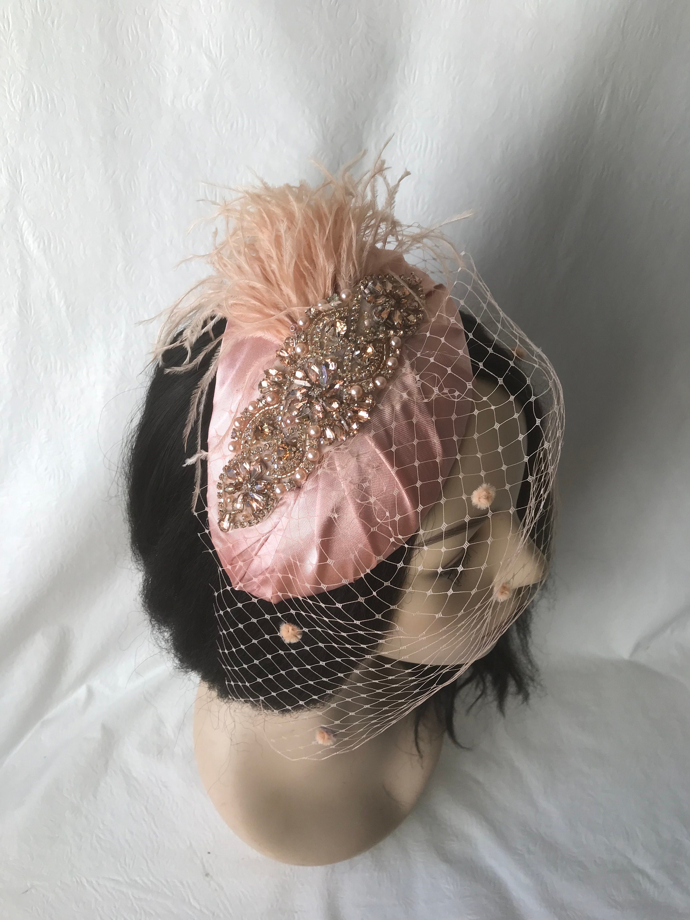 Gorgeous  Peach Vintrage Hat With Lace and Long Feathers Helen Kentucky Derby Hat in Peach – MediaNoche main image 2