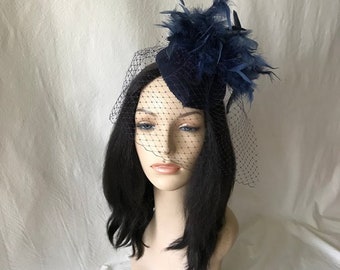Navy Blue fascinator hat, Navy Bridal hat,Kentucky Derby Fascinator,  Navy hat with veil, navy tea party hat, Wedding Guest hat