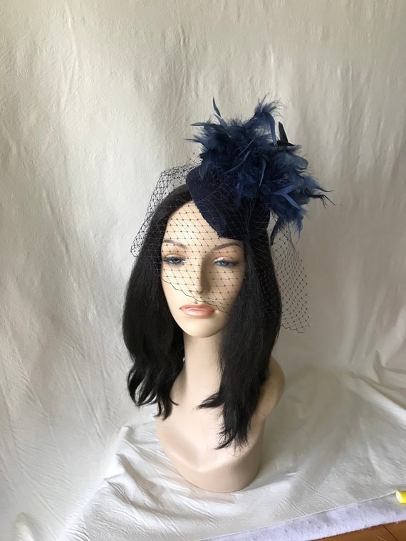 Navy Blue Feather Fascinator Hat With Veil for Wedding 