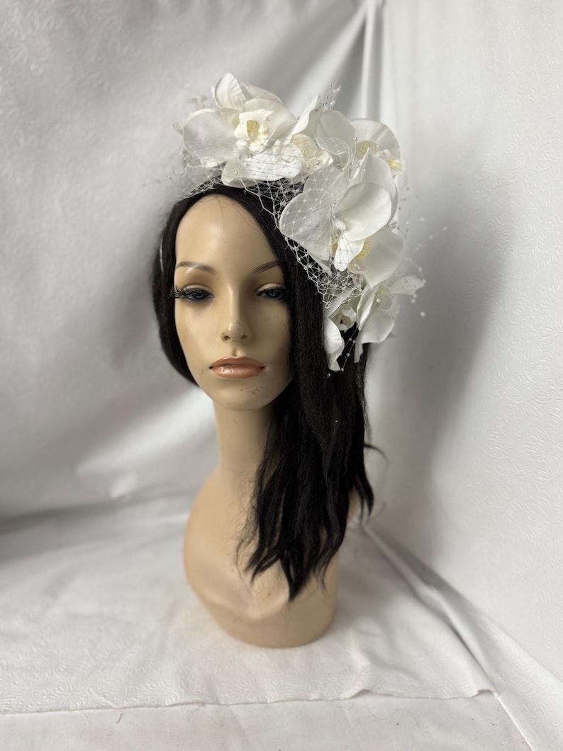 White Orchid Flower Fascinator hat for Bridal Flower Crown, Diner Blanc, Women Church hat, High Tea Party hat, British Fascinator image 13