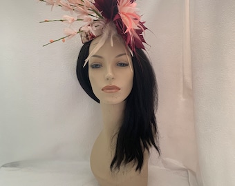 Peach Pink Cherry blossom flower feather Fascinator hat, Kentucky derby hat, races hat, mother of bride,  wedding hat, church hat, tea party