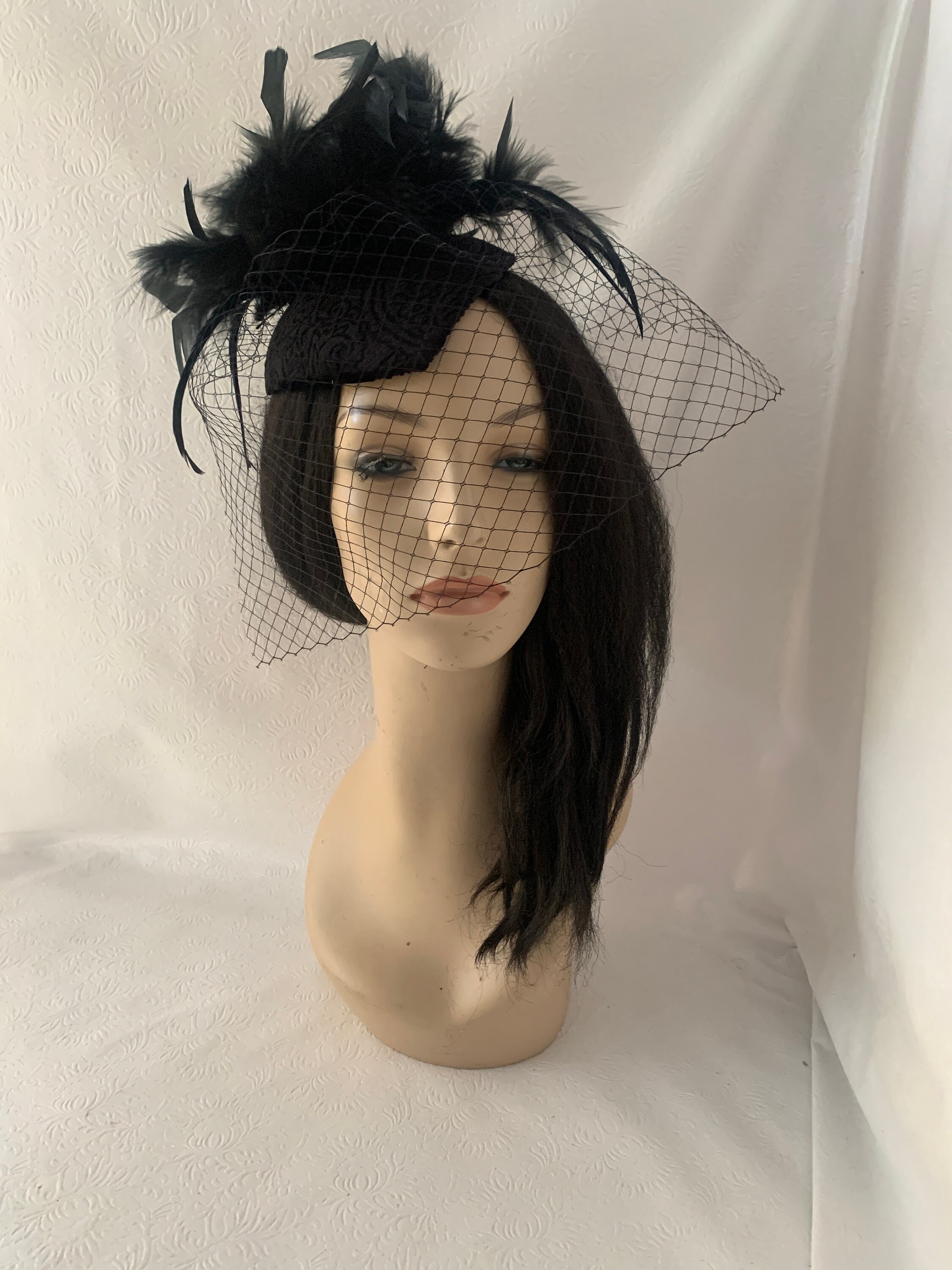Vintage Style Black Pillbox Hat, Feather Fascinator With 
