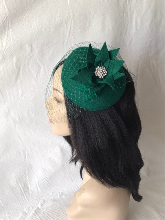 Vintage Green Fascinator Hat with Veil 1970 main image 3