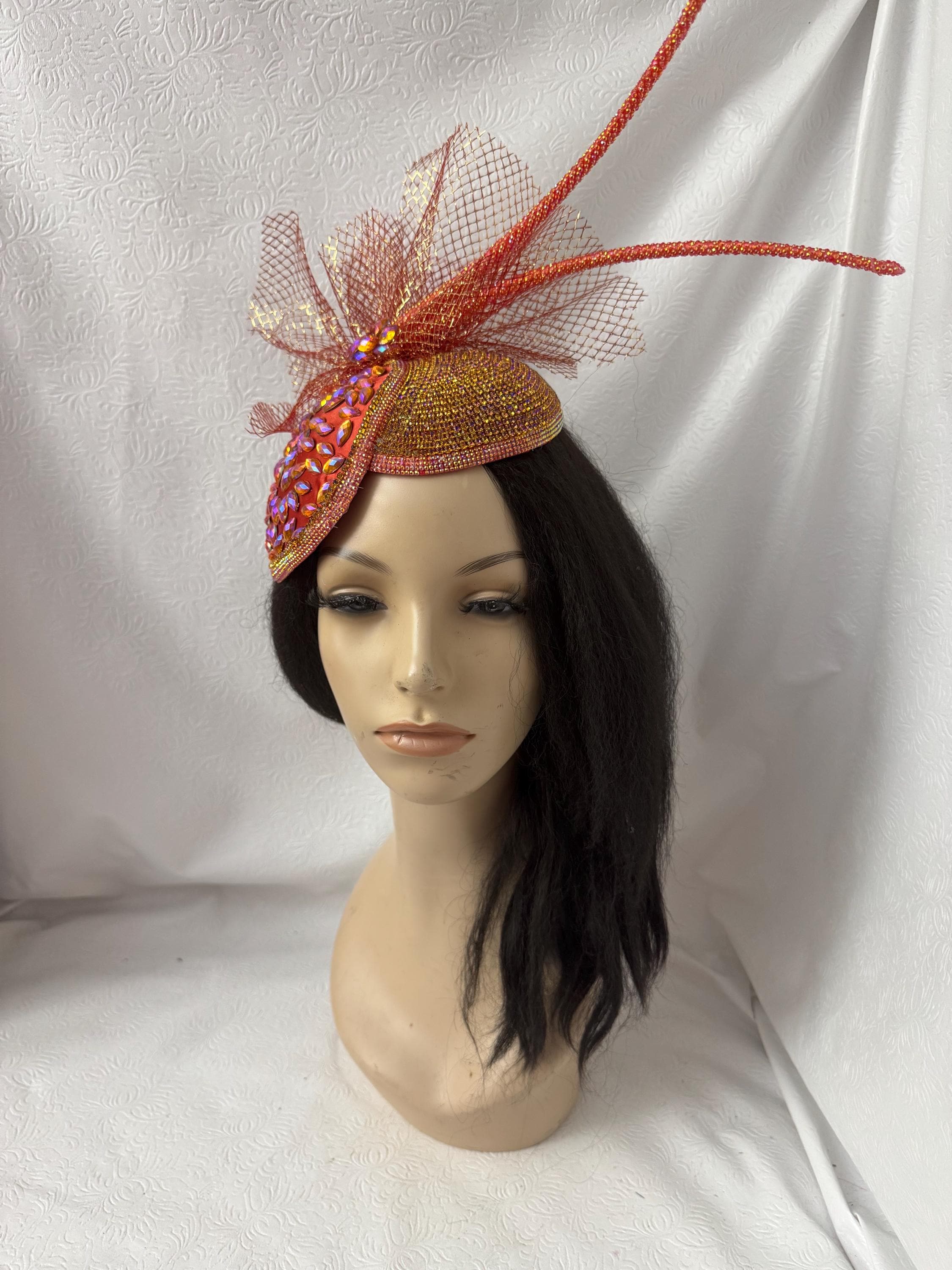 Rust Orange Ab Rhinestone Double Cup Fascinator Hat With Long Feather ...