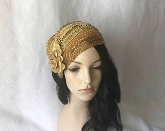 Gold 1950s - 1960s Bridal Wedding hat, Gold Church hat, Gold half hat, Gold Flapper hat, Gold Vintage hat, Gold Juliet cap hat, Gold hat