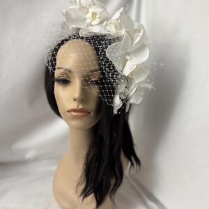 White Orchid Flower Fascinator hat for Bridal Flower Crown, Diner Blanc, Women Church hat, High Tea Party hat, British Fascinator image 12