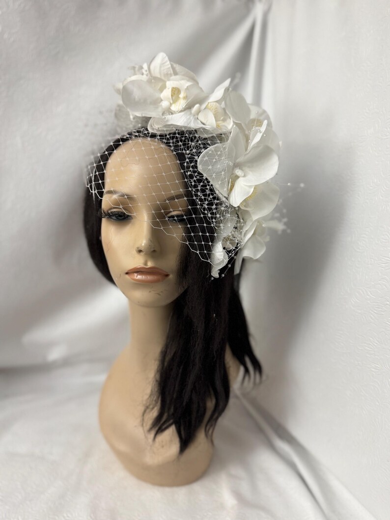White Orchid Flower Fascinator hat for Bridal Flower Crown, Diner Blanc, Women Church hat, High Tea Party hat, British Fascinator image 12