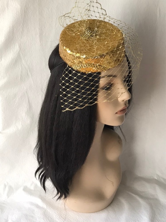 Gold Sequin Mini Pillbox Hat Fascinator With Veil, Vintage  display picture 2