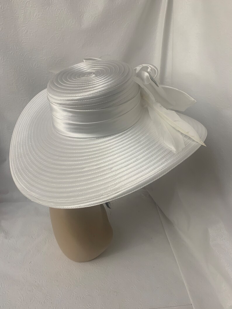 Stiff Ribbon Hat White Extra Wide Brim Satin Ribbon Church Hat for Women, Formal Special ...