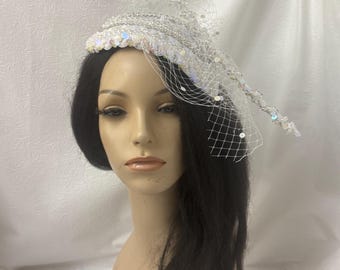 White elegant women’s Iridescent sequined church half hat Fascinator with long hat pin quill | statement hat for wedding, derby, party