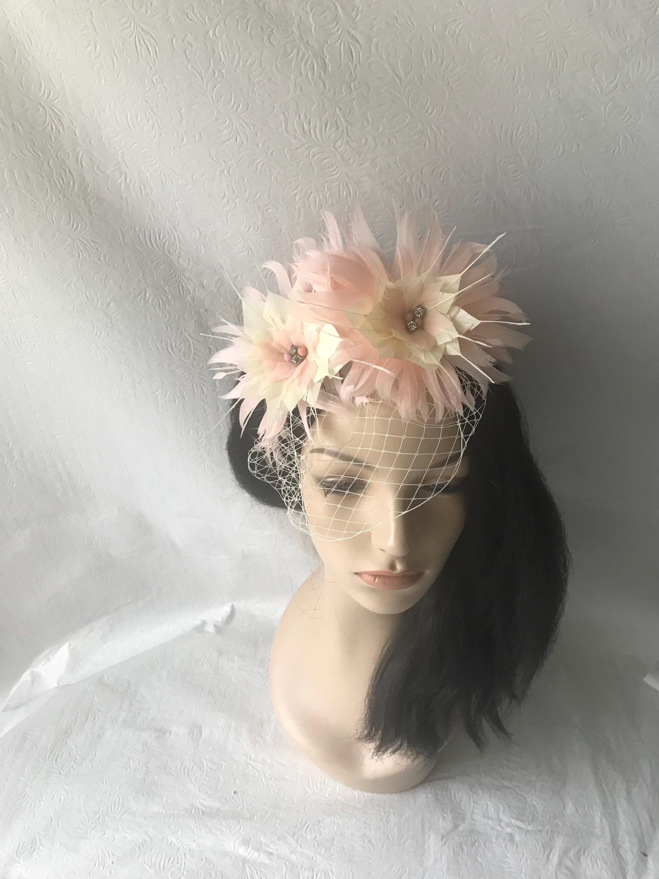 Blush Pink With Ivory Feather Fascinator Headband With Veil  display picture 1