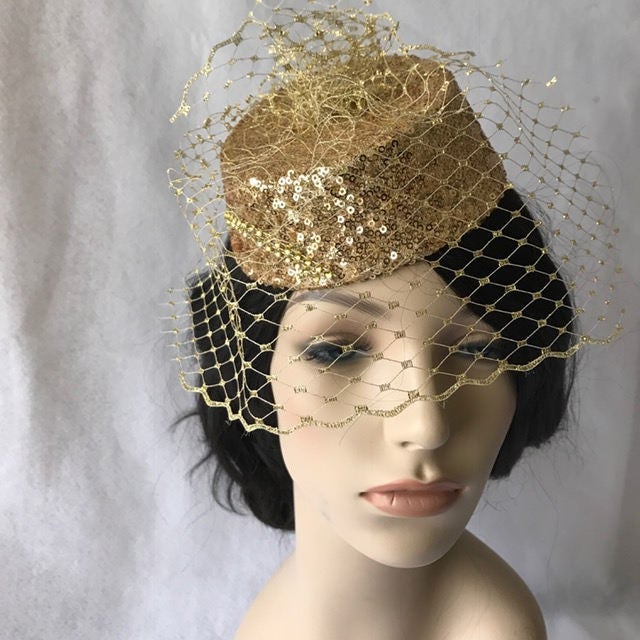 GOLD PILL BOX HAT Gold Sequin Mini Pillbox Hat Fascinator With Veil, Vintage  main image 4