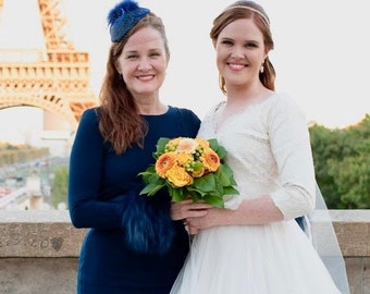 Navy Blue Mother of the Bride Feather Wedding Fascinator Hat 