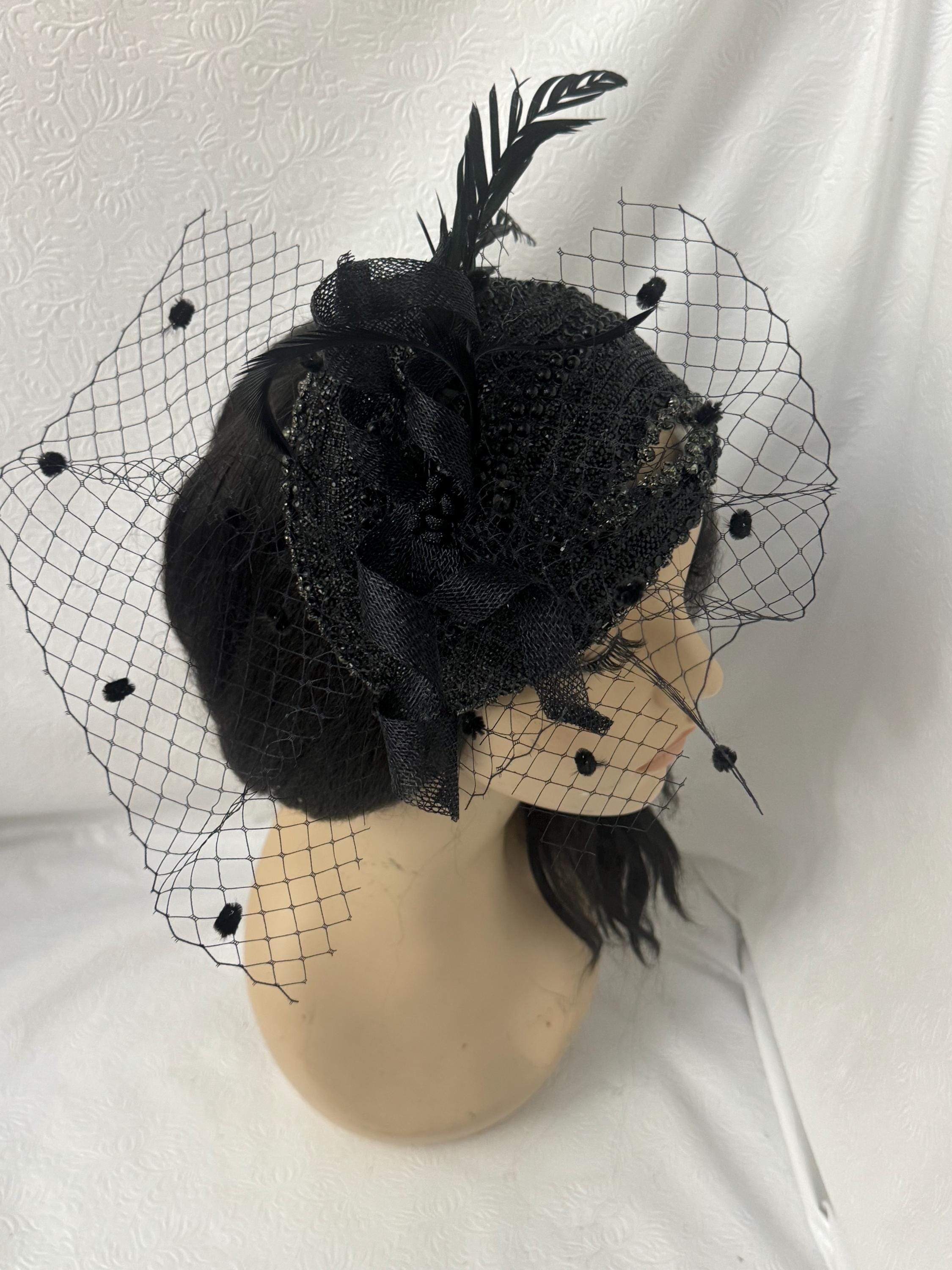 Elegant Black Beaded Fascinator Hat With Feathers and Veil 
