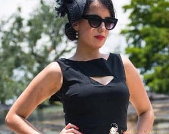 Black Vintage teardrop pillbox Fascinator Hat with veil for church,  wedding, Funeral,  Cocktail Parties