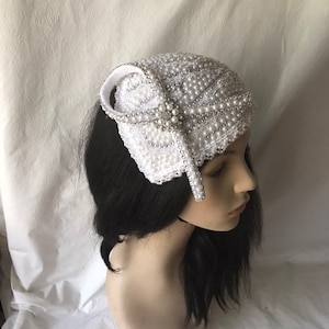 White elegant pearl and rhinestone vintage half hat for wedding, church, bridal tea party shower, diner en Blanc or any  special occasion