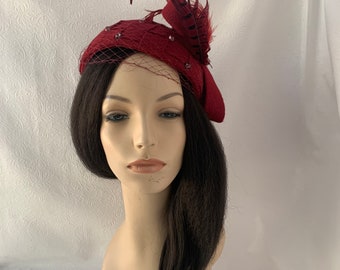 Wine red vintage 1950 half hat fascinator with veil for Mother of the bride Wedding hat, Tea Party Brunch Women church Formal pillbox hat