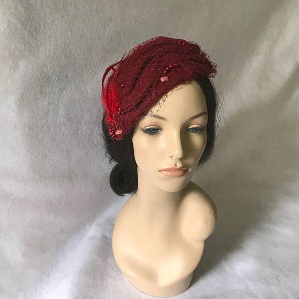 Burgundy Felt Wool Vintage Inspired 1950s-1960s Half Hat, Burgundy Wedding hat,Burgundy Church hat,Burgundy fascinator hat,Burgundy Felt hat