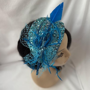 Aqua Blue Crystal Rhinestone Beaded Fascinator Half Hat with netting and feathers- Derby, Church, Wedding Guest Hat, Turquoise Custom Hat