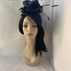 Dark navy blue fascinator hat with veil for wedding, mother of bride hat, womens church hat, formal hat, tea party hat, Kentucky derby hat image 2