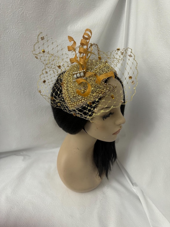 Gold 1920s Beaded Fascinator Hat With Veil - Handmade  display picture 2