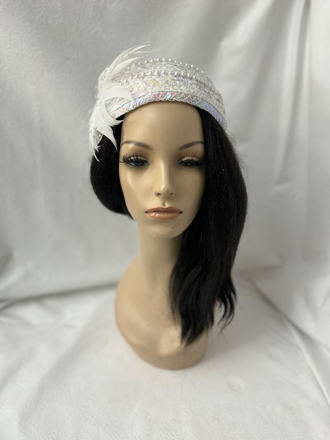 Ladies Vintage Cream Color Pearl Iridescent Sequin Wide Headpiece Bridal Apparel Vintage 80s/ 90s Braided Satin & Pearl Bridal Headpiece  main image 3