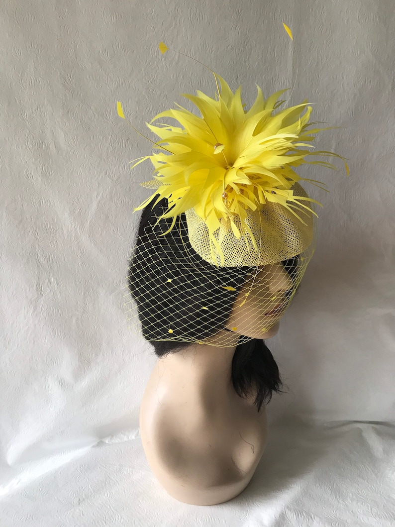 Kentucky Derby Yellow fascinator with dotted veil for wedding church hat for races mother of the bride or special occasion tea party