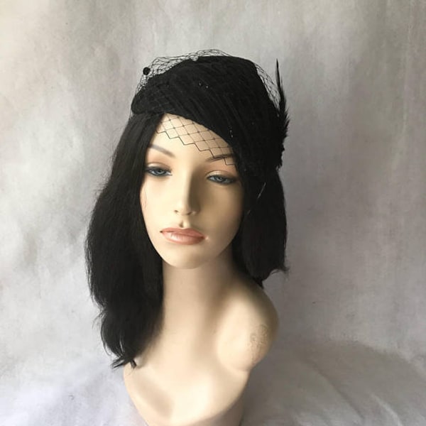 Black Women Church 1950 1960 vintage styled Felt wool pillbox half hat fascinator with veil, wedding, tea party, funeral, optional satin