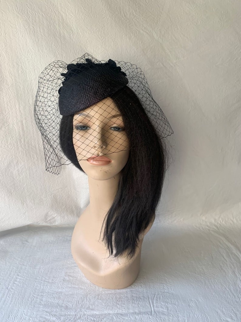 Black Fascinator With Veil Black Tea Party Hat Church Hat Etsy