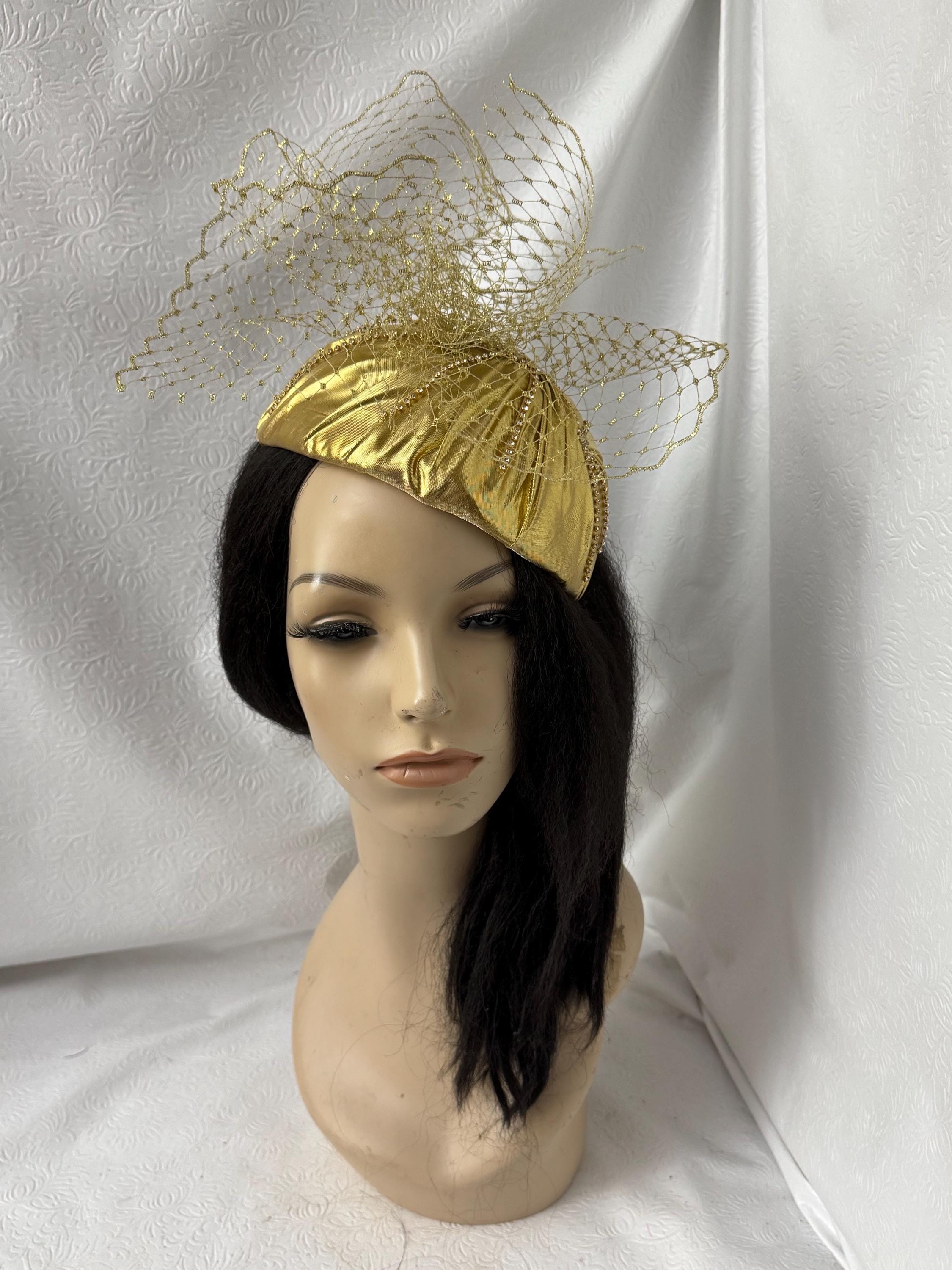 Vintage Metallic Brocade Cocktail Hat w/ Veil Bow Fascinator Black Gold Finished with a Bow, Vintage 1930s Wax Flower Headpiece  main image 4