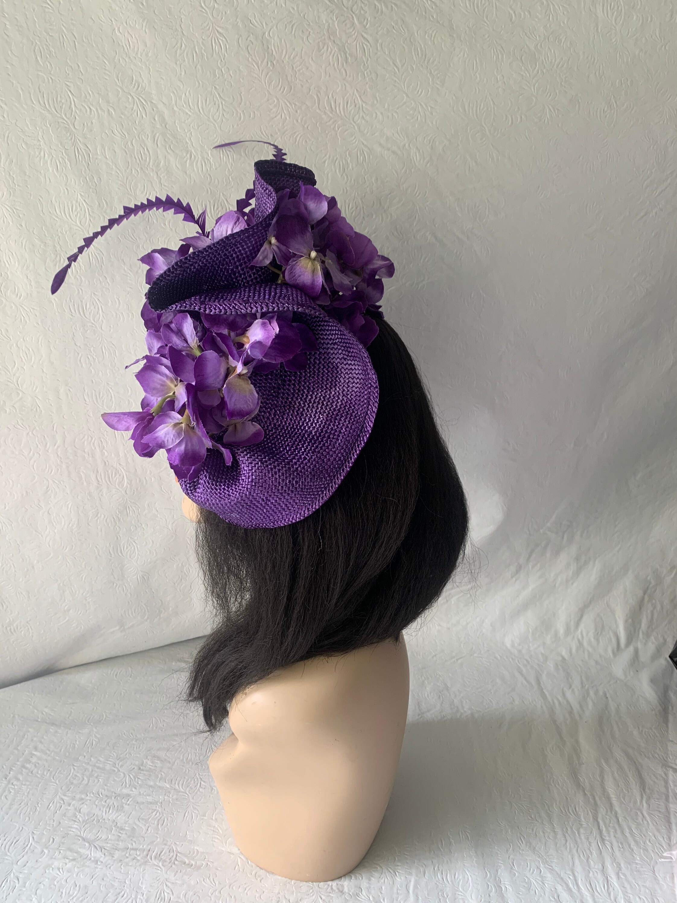 New Purple Orchid Statement Floral Headband Derby Hat Fascinator Flower Garden Kentucky Derby Hat Fascinator Large White and Purple Satin  main image 2