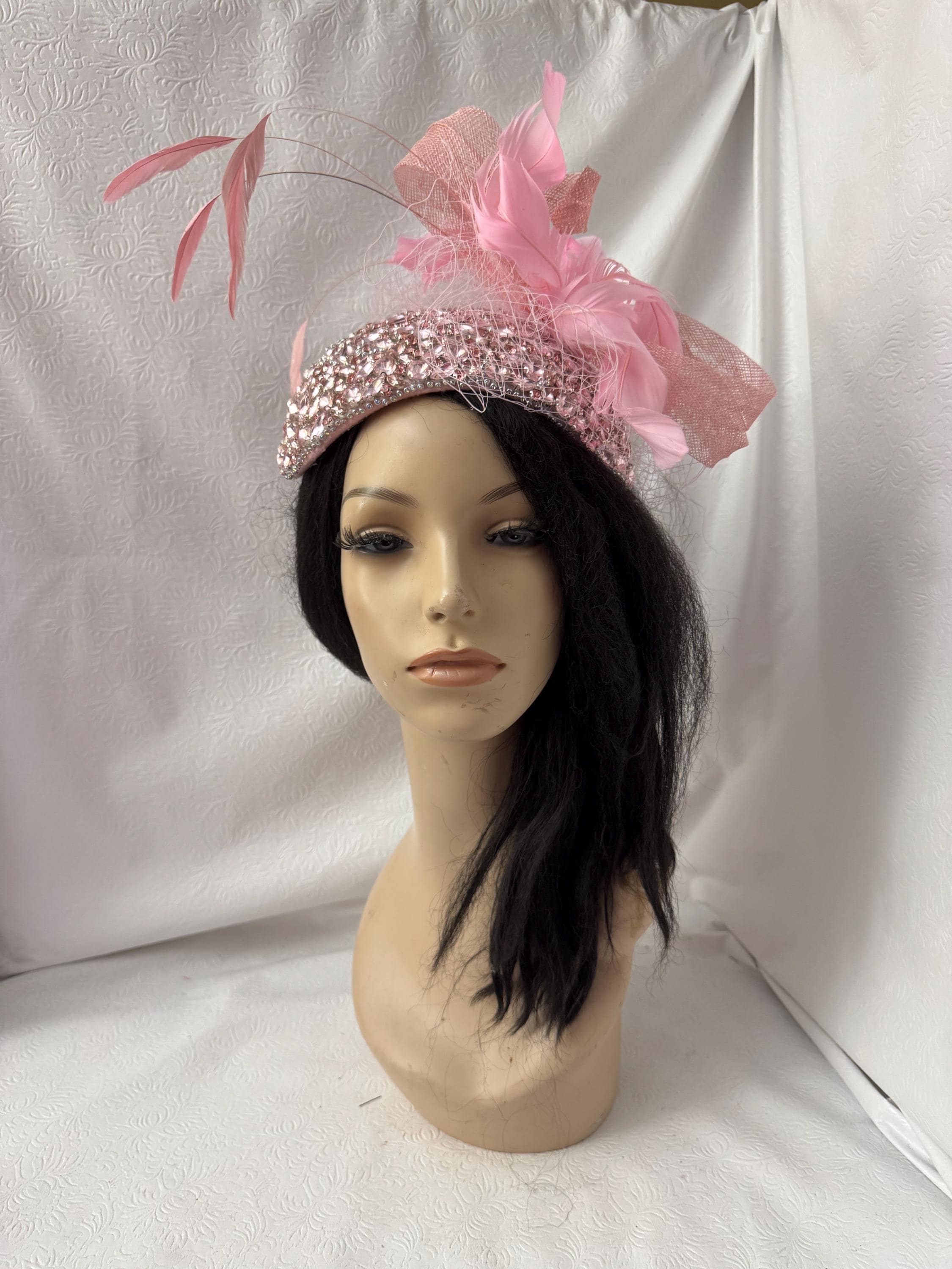 Elegant Blush Pink Gemstone beaded Fascinator church half hat with Sinamay Bow & feathers, Wedding Fascinator hat, vintage Tea Party Derby